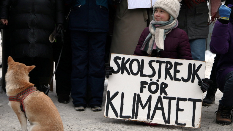 Sechs Monate nach ihrer ersten Aktion: Die damals 16-jährige Schwedin Greta Thunberg demonstriert vorm Reichstag in Stockholm für mehr Klimaschutz mit einem Aufruf zum "Schulstreik für das Klima".
