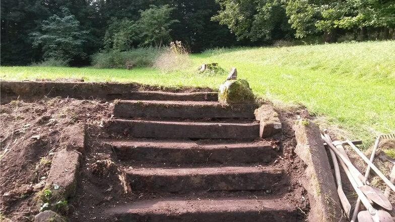 Die verschüttete und zugewucherte Treppe der einstigen mittleren Orangerie des Hainewalder Schlosses ist jetzt wieder ausgegraben worden.