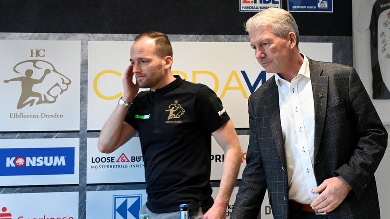 Cheftrainer André Haber (l.) sowie Präsident und Hauptsponsor Uwe Saegeling sind die treibenden Kräfte beim Handball-Zweitligisten HC Elbflorenz