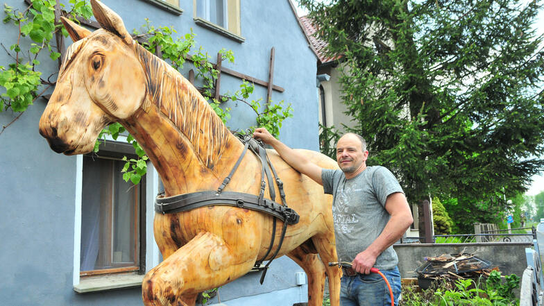 Steffen Rothkamm ist Hufschmied. In seiner Freizeit allerdings zaubert er wahre Kunstwerke aus Holz. So kam Folbern zum Pferd im Vorgarten.
