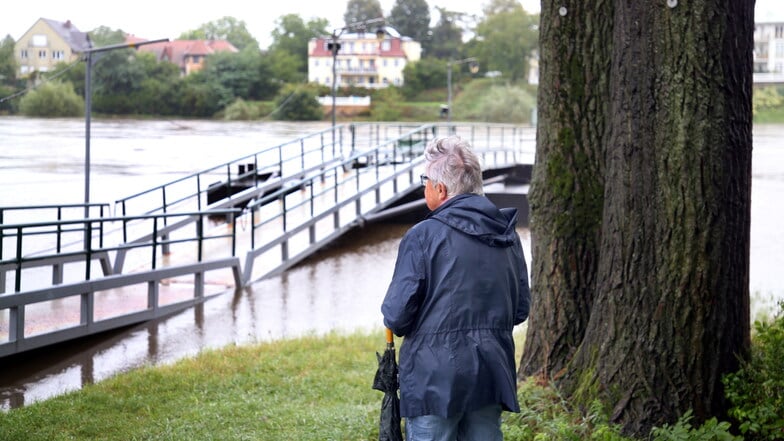 Die Fähre in Heidenau verkehrt seit Montag auch nicht mehr. Stellenweise schwappt das Elbwasser auf und über den Elberadweg.