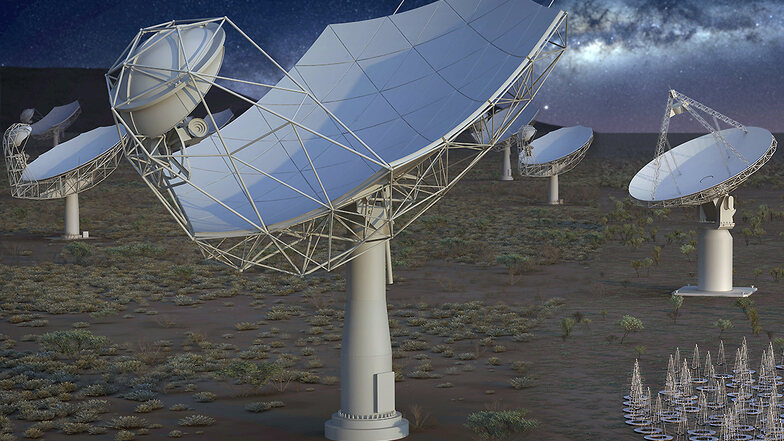 Das Square Kilometre Array soll Signale kombinieren, die von unterschiedlichen Antennentypen empfangen werden. Durch deren große Distanz lässt sich ein riesiges Radioteleskop mit extrem hoher Empfindlichkeit simulieren. Abb.: SKA Organisation