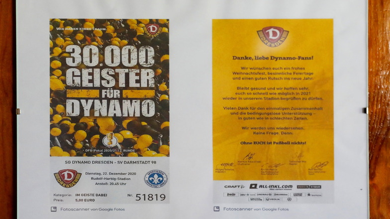 Auch bei der Aktion "30.000 Geister für Dynamo" hat sie 2020 mitgemacht. Sie hat für fünf Euro ein Ticket vom Pokalspiel gegen Darmstadt gekauft, obwohl wegen Corona niemand ins Stadion durfte.
