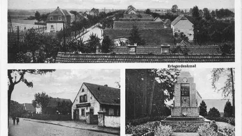 Ortsansichten auf einer alten Postkarte um 1920. Markant unten: das „Kriegerdenkmal“ für die Gefallenen des Ersten Weltkrieges. Im Ort gab es eine Vereinigung der Obst- und Gartenfreunde, eine Sparkasse und eine Ortskrankenkasse.