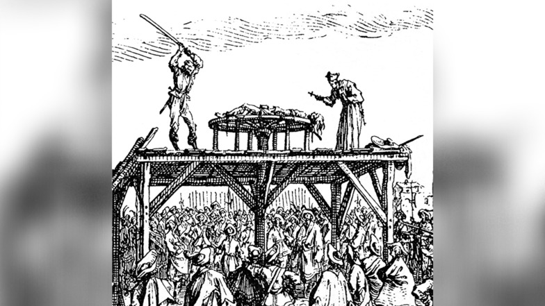 Zeitgenössische Darstellung einer Hinrichtung auf dem Rad.