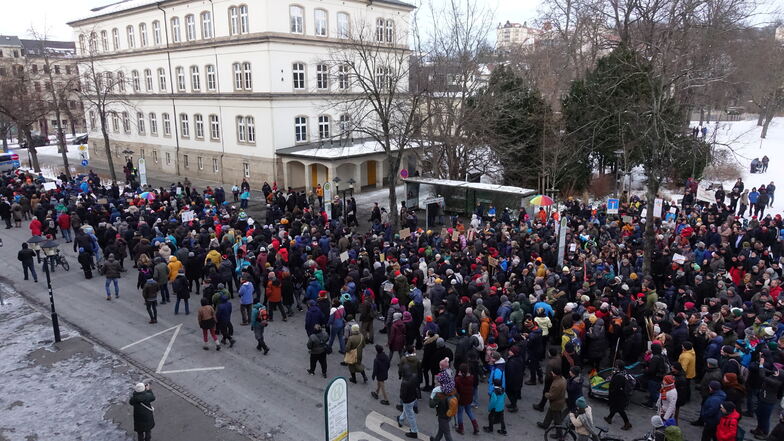 Vom Pirnaer Friedenspark setzt sich der Demonstrationszug Richtung Marktplatz in Marsch.