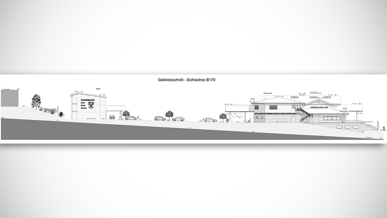 Entwurf für das Gelände am Wetterschacht: Seitenansicht aus Richtung B 170, links das Motel, rechts den Gaststättenkomplex.