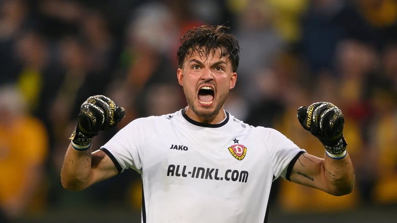 Pure Ekstase: Dynamo-Keeper Tim Schreiber rettete mit mehreren Glanzparaden in der zweiten Halbzeit Dynamos Pokalsieg gegen Fortuna Düsseldorf.