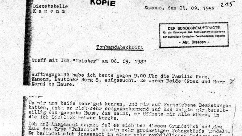 Ein Auszug aus der Tonbandabschrift eines Stasi-Treffens mit IM Meister. Der Blockparteifreund war direkt im Auftrag der Firma im Haus der Familie Kern tätig.