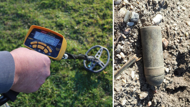 Mit dieser Metallsonde (linkes Bild) hat Jens Schieritz aus Koselitz vor ein paar Tagen diese Granate (rechts) gefunden.