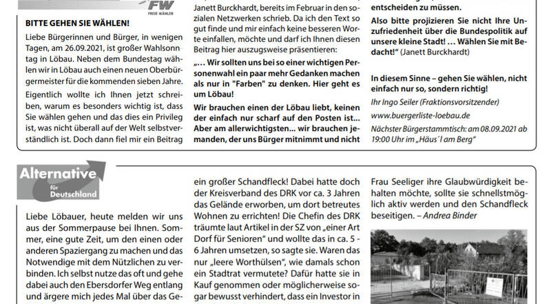 Auszug aus dem aktuellen September-Stadtjournal Löbau. Die AfD-Stadtratsfraktion findet den Bürgerliste-Beitrag unangemessen.