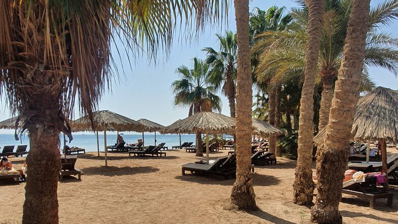 Strahlende Sonne, kristallblaues Wasser und Palmen. Das ist der Strand von Hurghada.