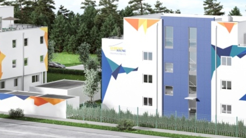 Aus Richtung Klinikum über die Weinertstraße hinweg soll das Neubauprojekt der LebensRäume Hoyerswerda mal so aussehen. Die Rohbauten sind schon weit gediehen. Das vier Millionen-Euro-Projekt ist die größte Investition der Genossenschaft für 2019/2020.