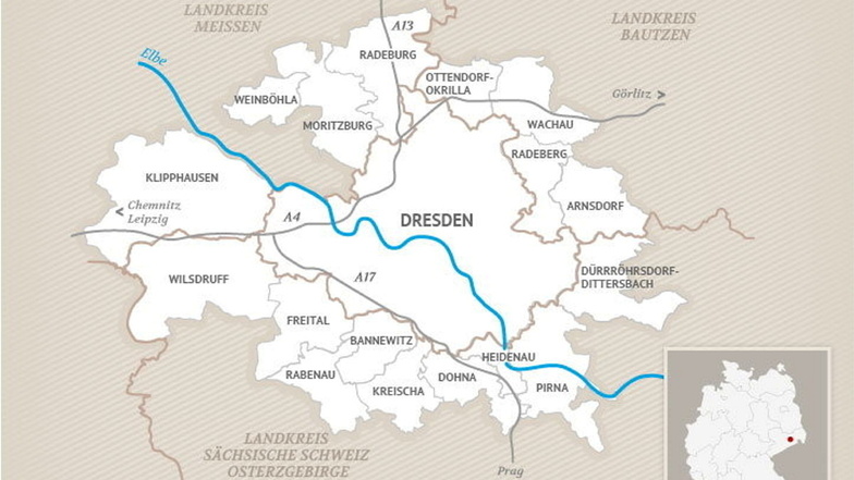 Eine Karte der Erlebnisregion Dresden. Aktuell befindet sich darin noch ein Coswig-förmiges Loch.