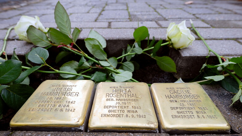 Diese drei Stolpersteine für die jüdische Familie Hamburger sind nun vor der Villa an der Wallstraße 8 in Bautzen in den Fußweg eingelassen worden.