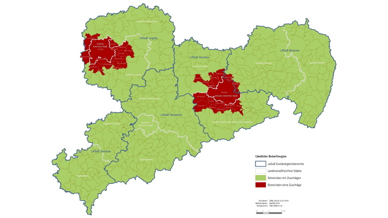 Eine Karte der ländlichen Bedarfsregionen für das Referendariat in Sachsen. Angehende Lehrer erhalten in Meißen keinen Zuschlag.