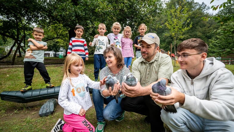 Die Mädchen und Jungen der Kita „Tierhäuschen“ in Waldheim beschäftigen sich mit Tauben. Lilly streichelt vorsichtig eine Taube, die Erzieherin Heike Hanns hält. Informationen zu den Tauben gibt es vom Taubenzüchter Karsten Kluge.