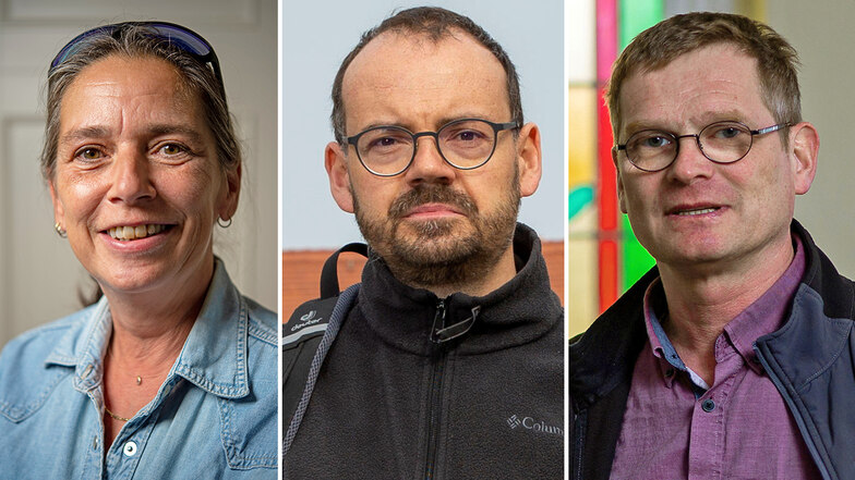 Die Wilsdruffer Stadträte Uta-Verena Meiwald (Die Linke), Ronny Haupt (Grüne) und Ludwig Hahn (CDU/von links)) haben sich zu Fragen der "Spaziergänger" positioniert.