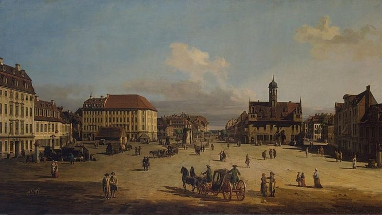 So malte Canaletto den "Neustädter Markt in Dresden" samt Goldenem Reiter. In der Mitte liegt die heutige Hauptstraße.