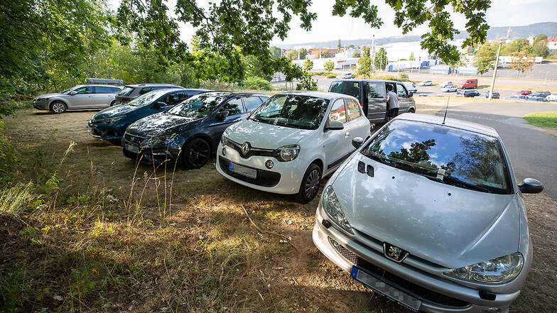 Mehrere Autos parken wild auf der Wiese am Albert-Schwarz-Bad in Heidenau. Zwei haben ein Knöllchen an der Frontscheibe.
