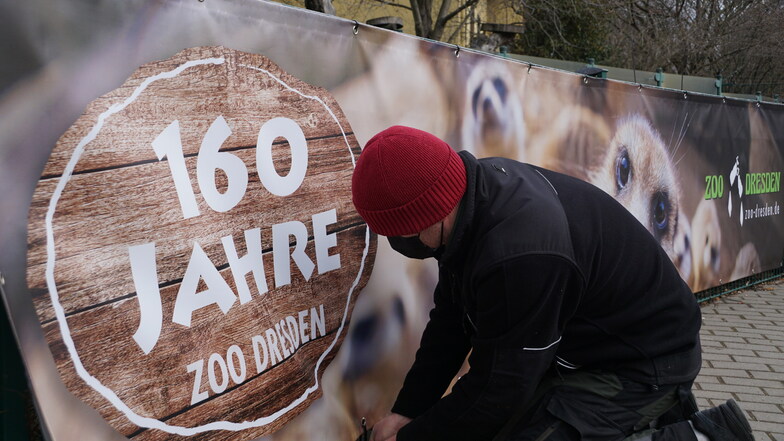 Der Zoo Dresden feiert in diesem Jahr sein 160-jähriges Bestehen. Pünktlich vor der Wiedereröffnung am 15. März wurden dazu passende neue Banner und Plakate angebracht.
