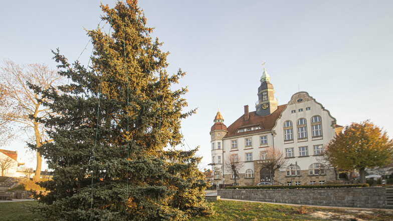 Auf dem Rathausplatz in Großröhrsdorf steht seit Dienstag der Weihnachtsbaum. Am Mittwoch sollen die Lichter das erste Mal leuchten.