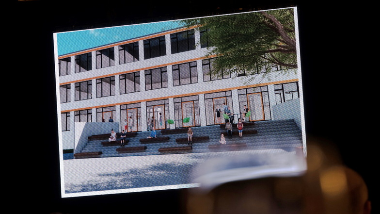 In einer animierten Visualisierung wurde im Stadtrat von Riesa vorgestellt, wie die Trinitatisschule einmal aussehen soll.