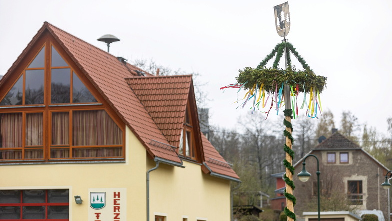 Der Maibaum auf dem neugestalteten Dorfplatz in Herzogswalde.