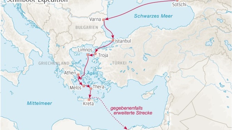 Auf dieser Route wird das Schilfboot Abora 4 vom Schwarzen Meer bis Kreta segeln.