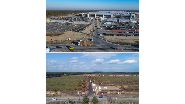 Das Baugelände für das Werk der Tesla-Fabrik Berlin Brandenburg am 04.03.2020 (unten) und die gleiche Stelle etwa zwei Jahre später.