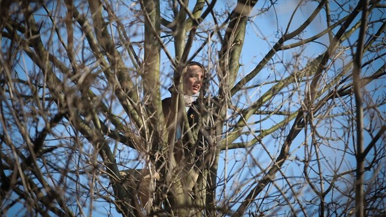 Eine Demonstrantin kletterte in einen Baum. Das störte allerdings den Eigentümer nicht, auf dem Gelände erste Abrissarbeiten zu beginnen.