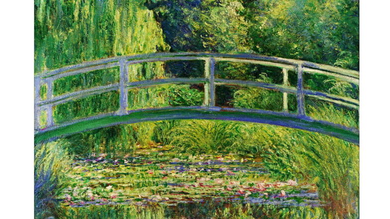 Dieser Ausschnitt aus einem Gemälde von Claude Monet zeigt die japanische Brücke, die sich einst im Garten des Malers über den Teich spannte und die er 1899 in mehreren Variationen malte.