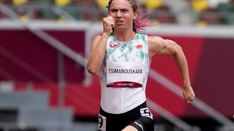 Die belarussische Olympia-Sprinterin Kristina Timanowskaja bei ihrem Vorlauf über 100 Meter.