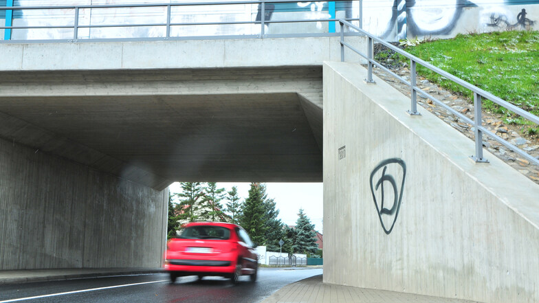 Am Tunnel an der Großraschützer Straße hat jemand das Dynamo-Symbol drangeschmiert.