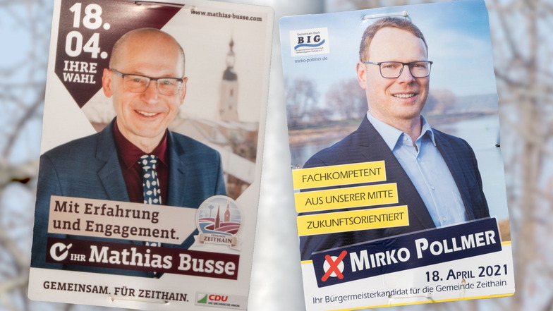 Mit diesen Plakaten werben die beiden Zeithainer Bürgermeister-Kandidaten für sich.