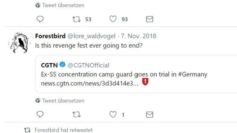 Ein Tweet Waldvogels vom 7. November 2018. Sie kritisiert einen Gerichtsprozess gegen einen ehemaligen KZ-Wächter und nennt dies ein "Rachefest".