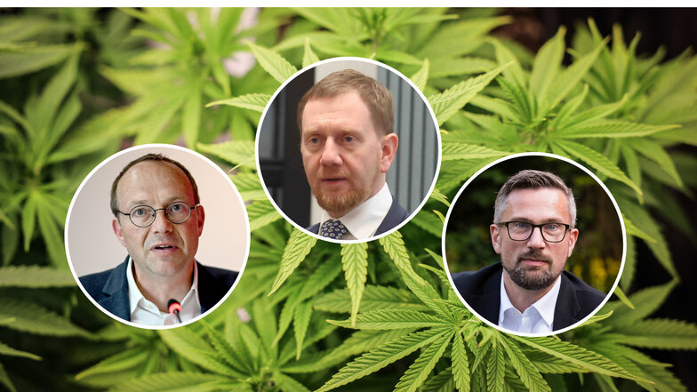 Beim Thema Cannabis alles andere als einer Meinung: Sachsens Ministerpräsident Michael Kretschmer (CDU) und seine beiden Vize, Wirtschaftsminister Martin Dulig (SPD, r.) und Umweltminister Wolfram Günther (Grüne, l.)