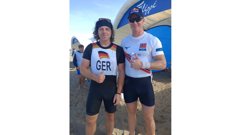 Peter Heilsberg (l.) hat sogar Deutschland schon bei den Europameisterschaften 2021 in Italien vertreten, hier mit Kjetil Borch aus Norwegen, Olympiasieger im Einer in Tokio.