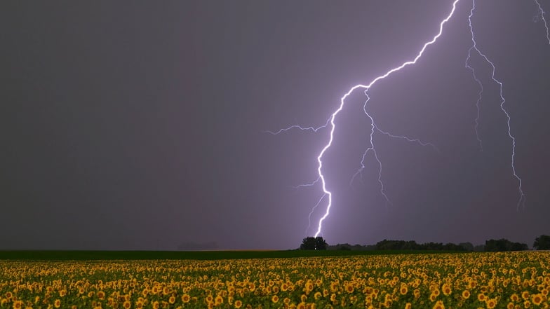 Ein Blitz wie dieser, der über einem Feld in Brandenburg zu sehen ist, hat die Straßenbeleuchtung in Pirna beschädigt.