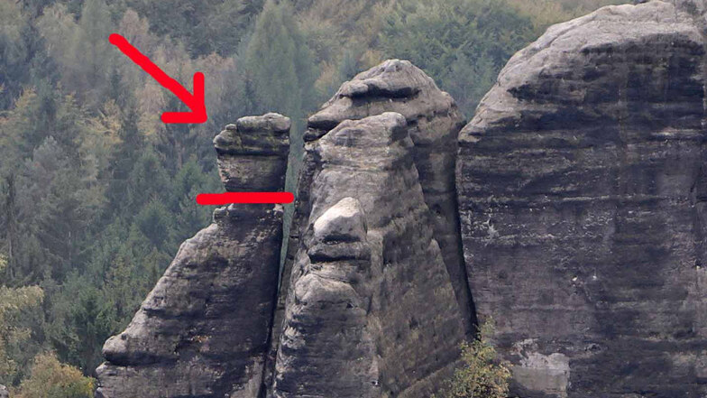 Klimmerstein vorher: Ein markanter Felskopf ruht auf einer Säule.