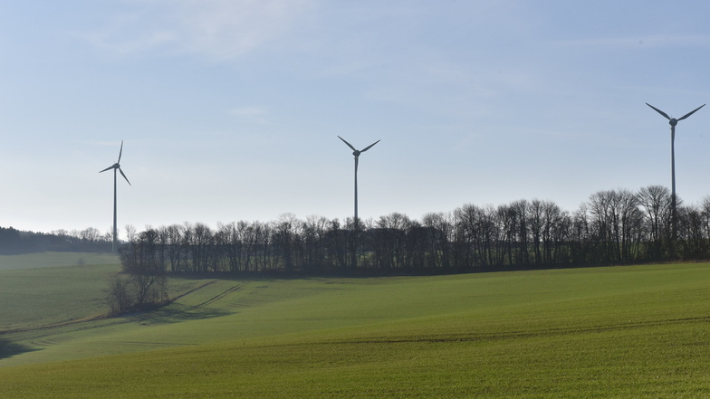 Hier auf dieser Wiese bei Sadisdorf sieht der Regionalplan neue Standorte für Windkraftwerke vor. Im Hintergrund stehen alte Anlagen bei Hennersdorf.
