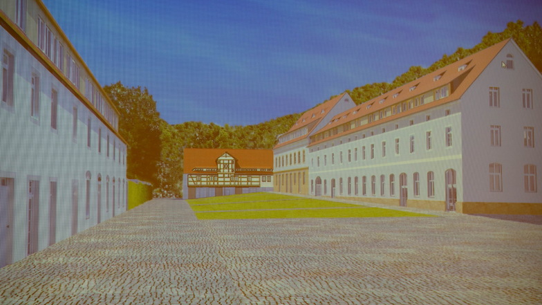 Wie in dieser Visualisierung von Architekt Lutz Horn-Läßig könnte das Areal der einstigen Wirtschaftsgebäude um den Hof von Schloss Nöthnitz in ein paar Jahren aussehen.