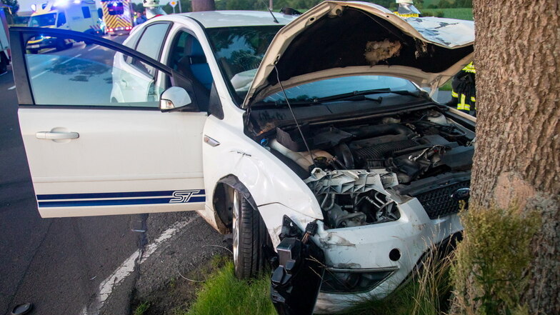 Der Fahrer eines Ford krachte bei einem Verkehrsunfall bei Goldbach gegen einen Baum.