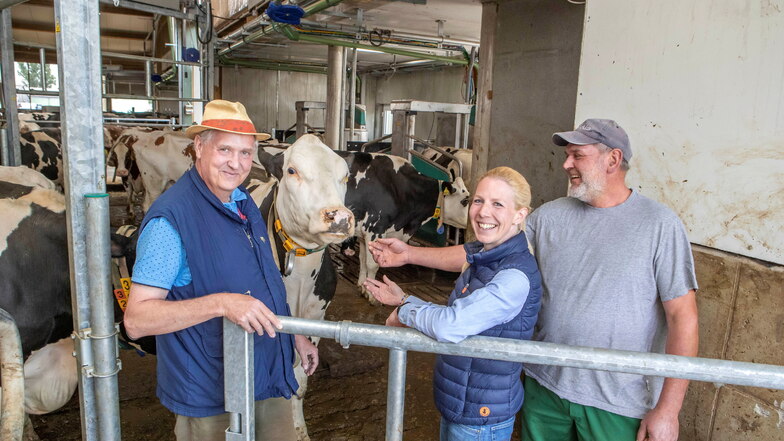 Vorstand Matthias Zschaage, Vorsitzende Charlotte Glitz und Herden-Manager Enrico Kretzschmar (von links) stehen an den neuen Melkrobotern im Stall der Reinsdorfer Agrargenossenschaft.