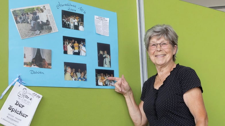 Hannelore Schumann hat an der Oberschule in Gröba Biologie und Chemie unterrichtet - und sich gleich auf einem der 20 Jahre alten Fotos wiedererkannt.