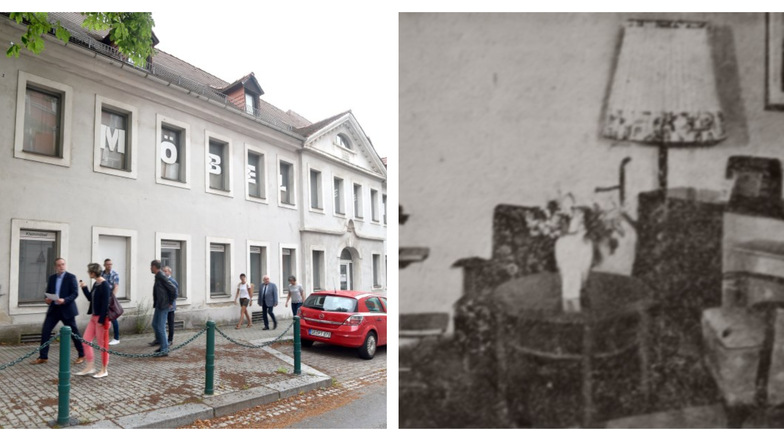 So sah der frühere Gasthof „Lamm“ aus, als bis 2005 noch Möbel gehandelt wurden (links). Bild rechts: Als die HO-Industriewaren 1955 ihr Möbelhaus eröffnete, wurde auch diese Wohnzimmerecke angeboten.