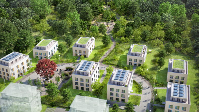 So sollen die acht Mehrfamilienhäuser am Leutewitzer Park mit begrünten Dächern nach den Vorstellungen der Uwe Köhn Unternehmensgruppe aussehen.