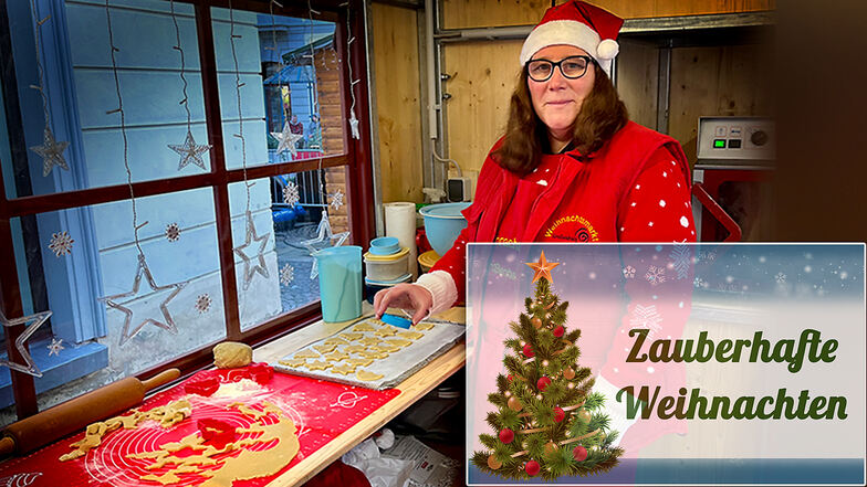 Tausende Plätzchen sind unter ihrer herzlich-fachkundigen Anleitung schon entstanden. Annett Herr ist die Chefbäckerin in der Backstube auf dem Großenhainer Weihnachtsmarkt.