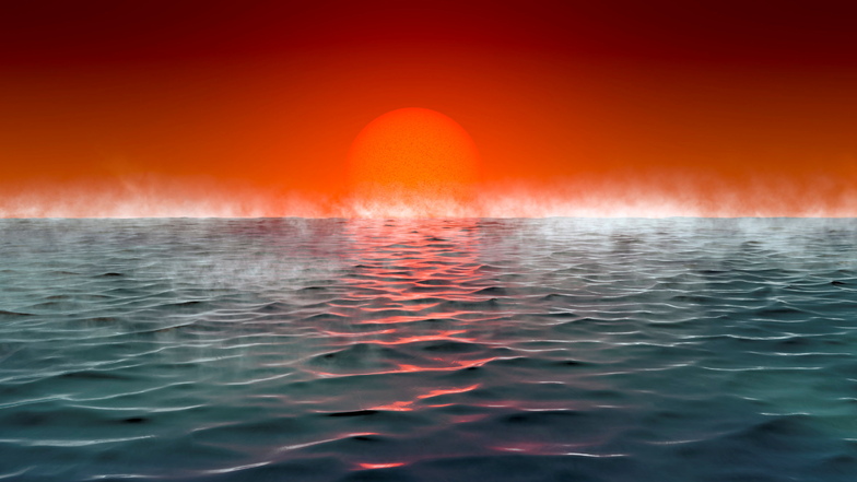 Künstlerische Darstellung eines Exoplaneten "Hycean", - benannt nach hydrogen (Wasserstoff) und ocean (Ozean).
