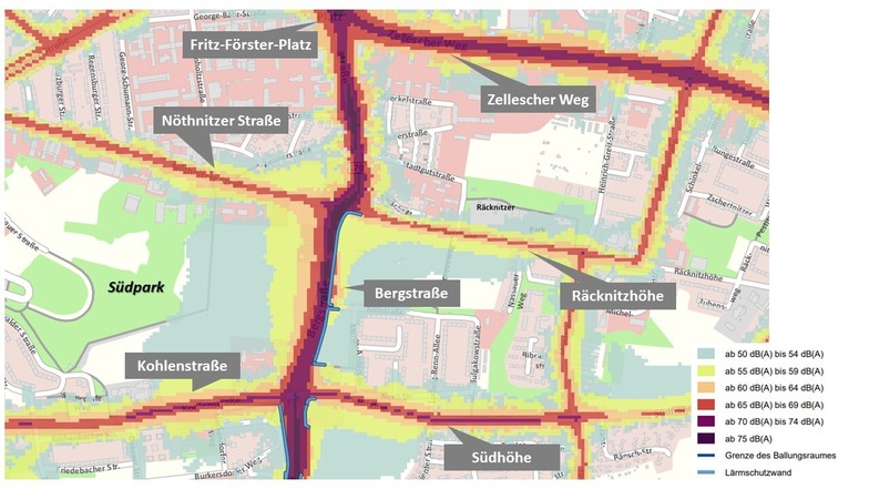Südvorstadt: Die vierspurige Bergstraße produziert mit den meisten Lärm in Dresden.  (Tag-Abend-Nacht-Lärmindex durch Straßenverkehr)